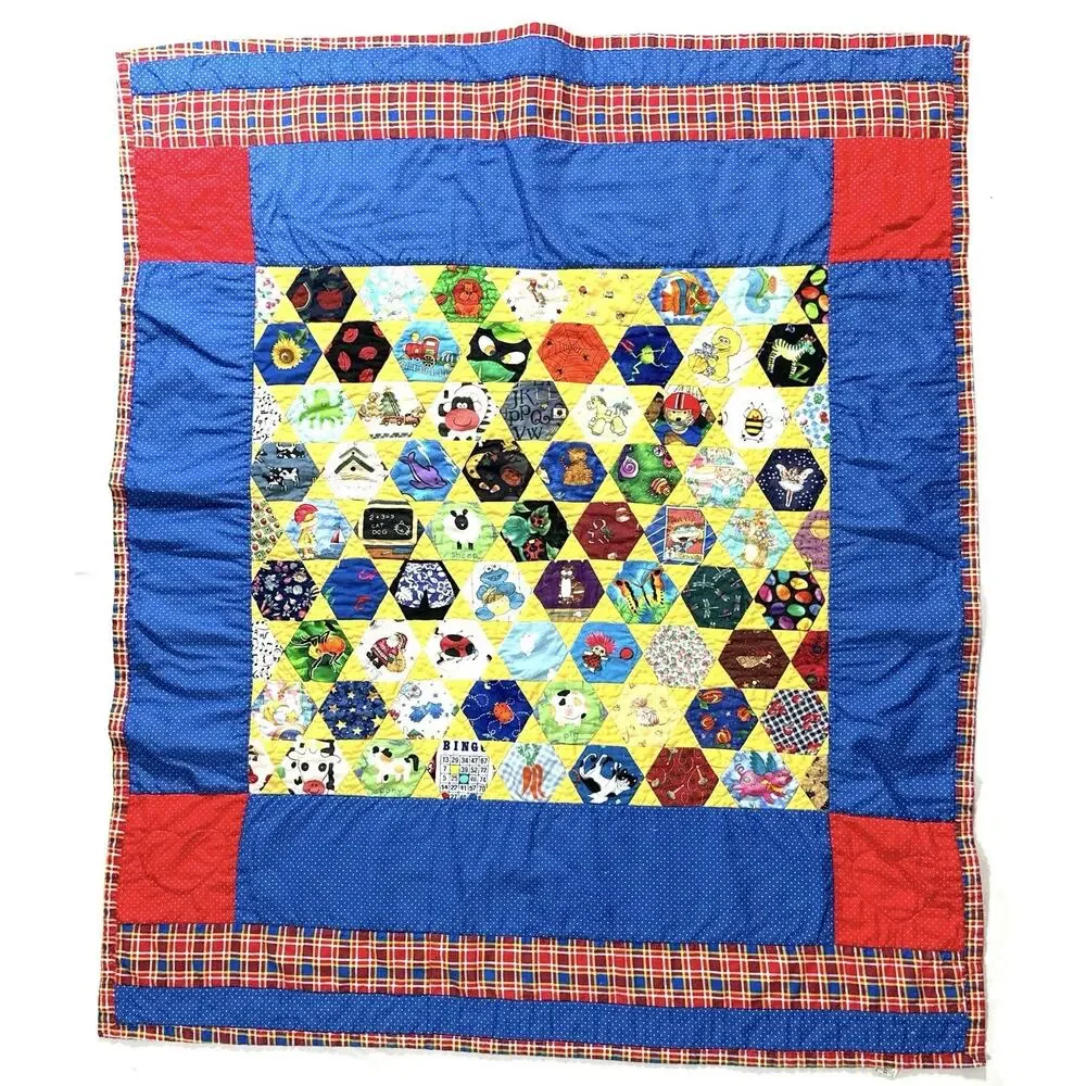 Handmade Kids Quilt 41x35” Hexagon Patchwork Bright Primary Colors - Picture 3 of 7